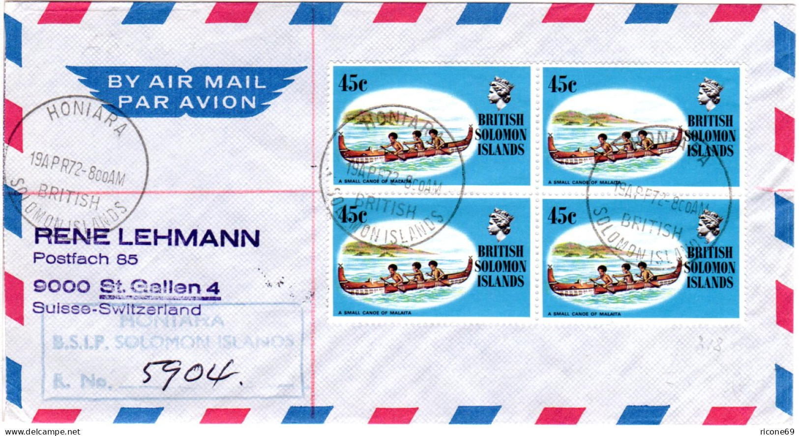 British Solomon Islands, 45 C. Malaita Canoe On Regd. Letter To Switzerland - Sonstige - Ozeanien