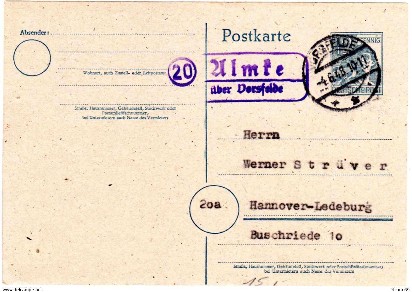 1948, Landpoststpl. 20 ALMKE über Vorsfelde Auf 12 Pf. Ganzsache - Sammlungen