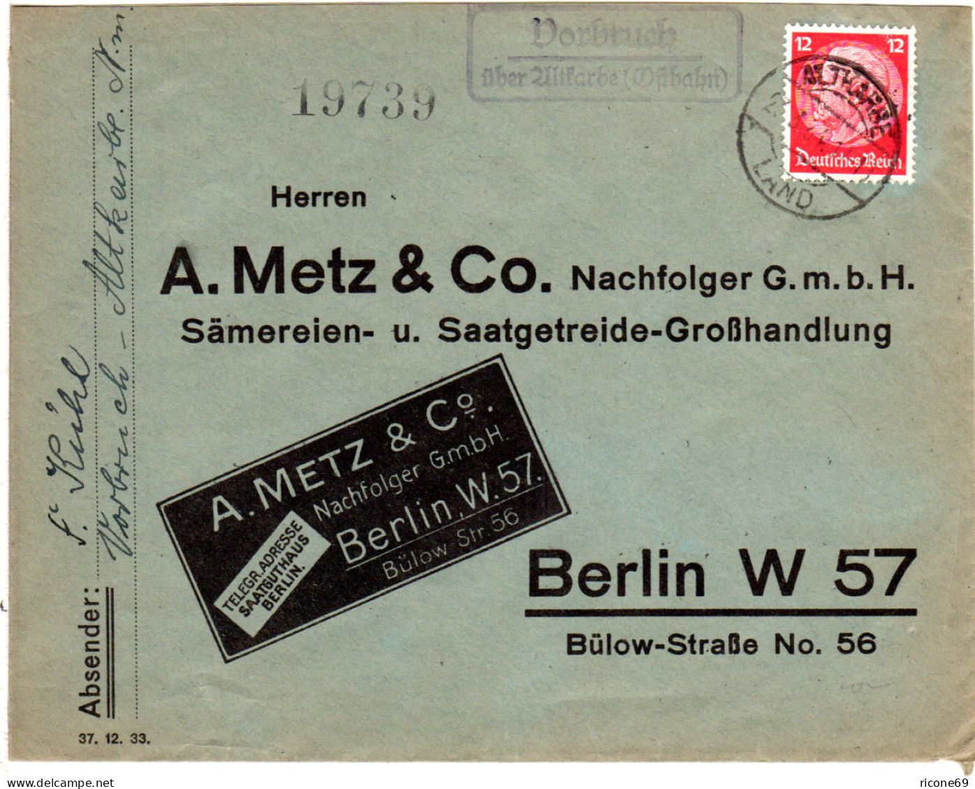 DR 1934, Landpost Stpl. VORBRUCH über Altkarbe (Ostbahn) Auf Brief M. 12 Pf.  - Storia Postale