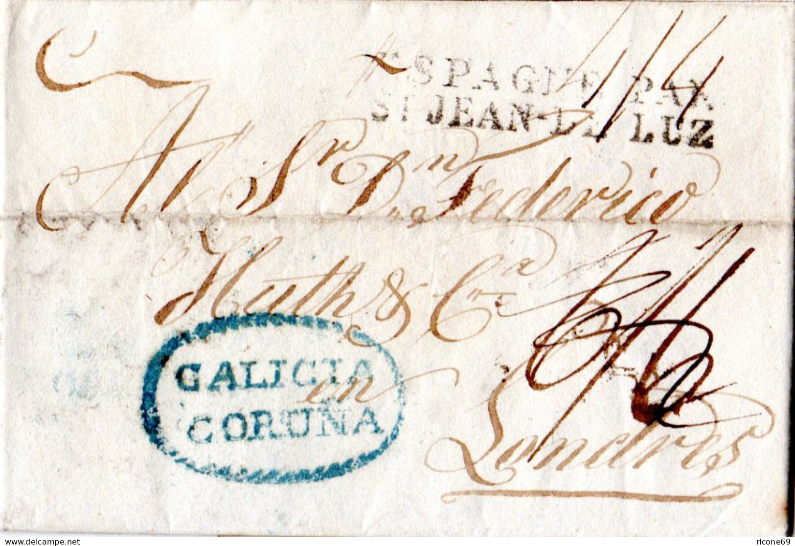 Spanien 1829, Brief M. Zierovalstpl. GALICIA CORUNA U. Korrigiertem Porto N. GB - Brieven En Documenten