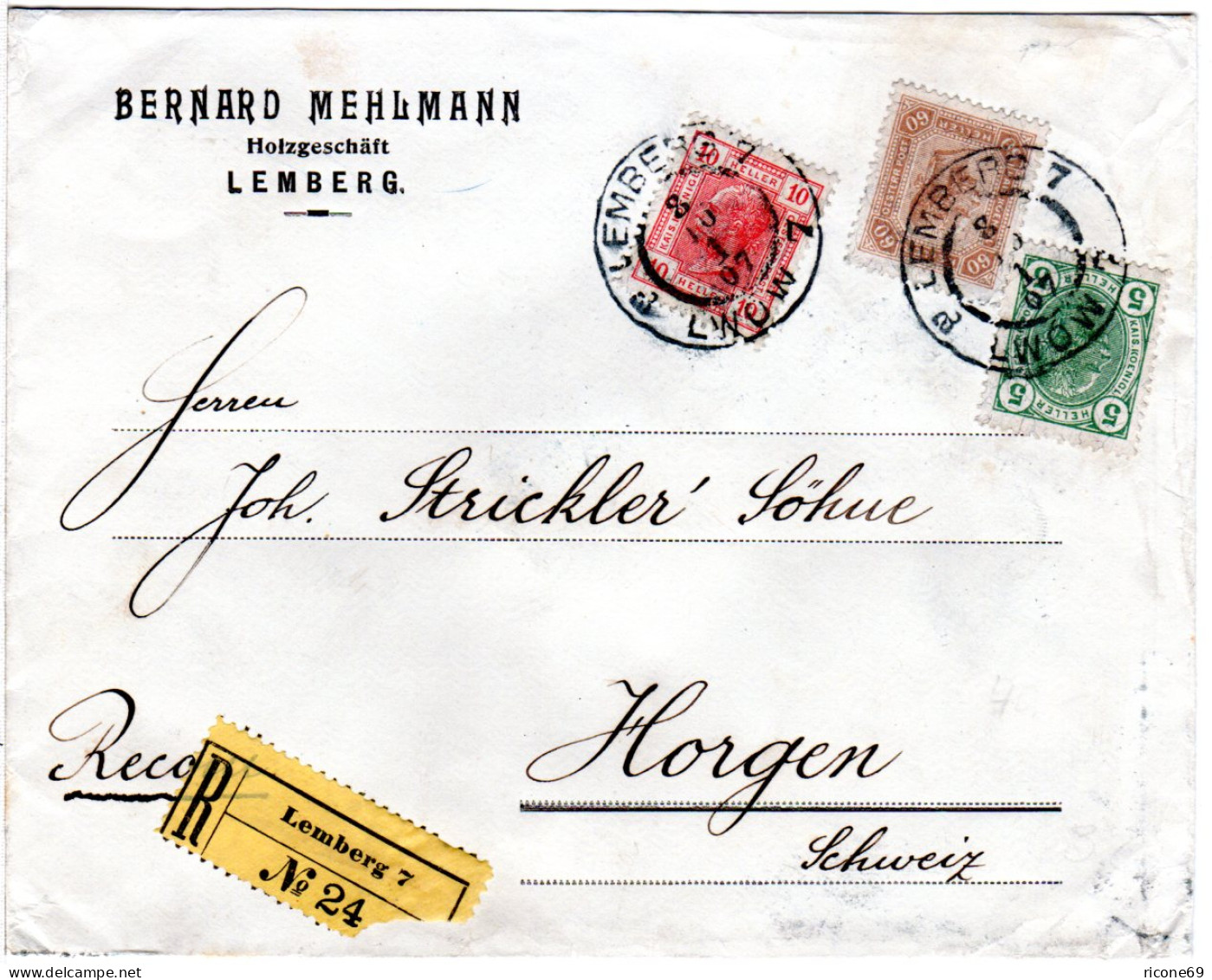 Österreich 1907, 5+10+60 H. Auf Reko Firmen Brief V. Lemberg I.d. Schweiz - Storia Postale