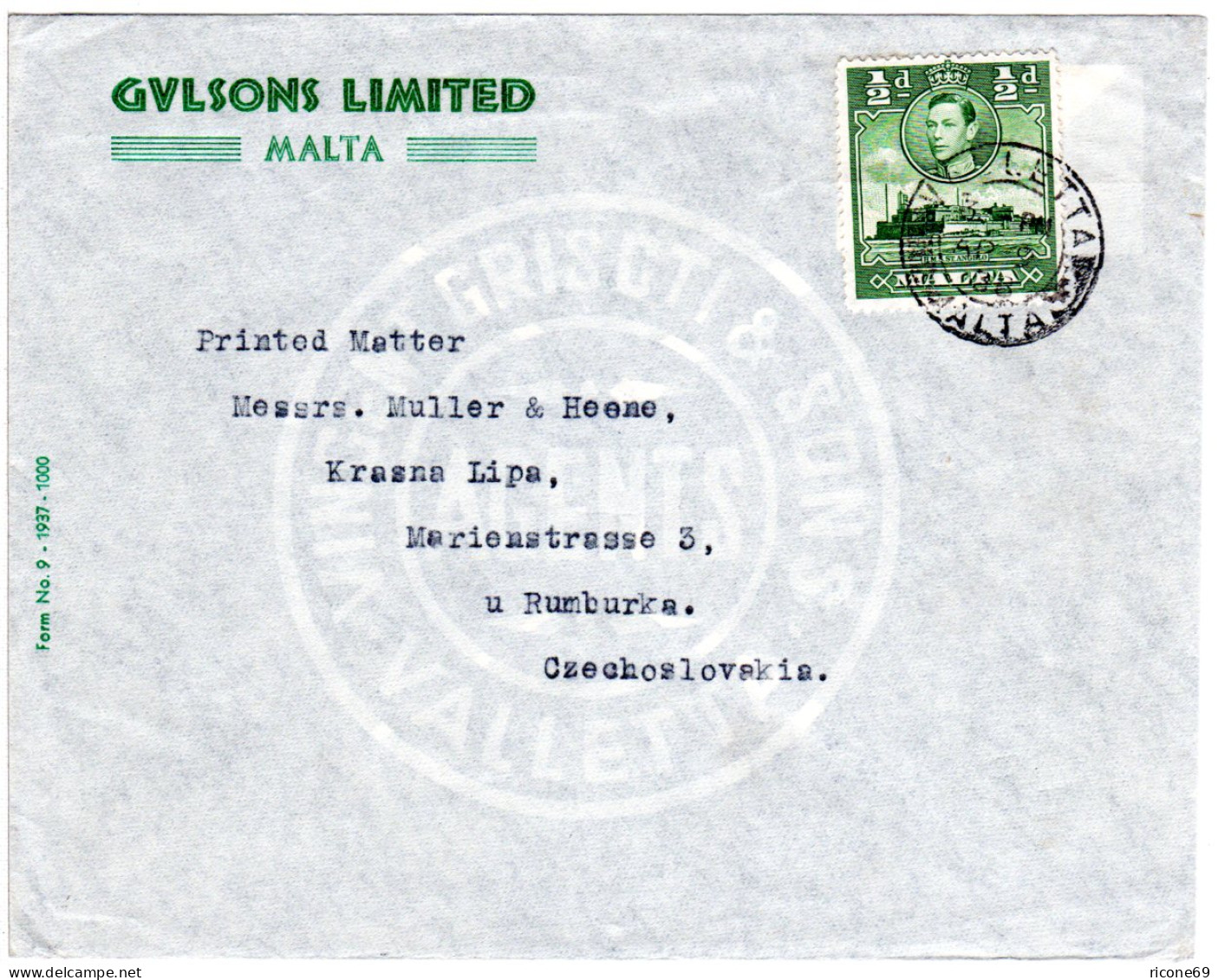 Malta 1938, 1/2d Auf Firmen Umschlag Gulsons V. Valetta I.d. Tschechoslowakei - Malta