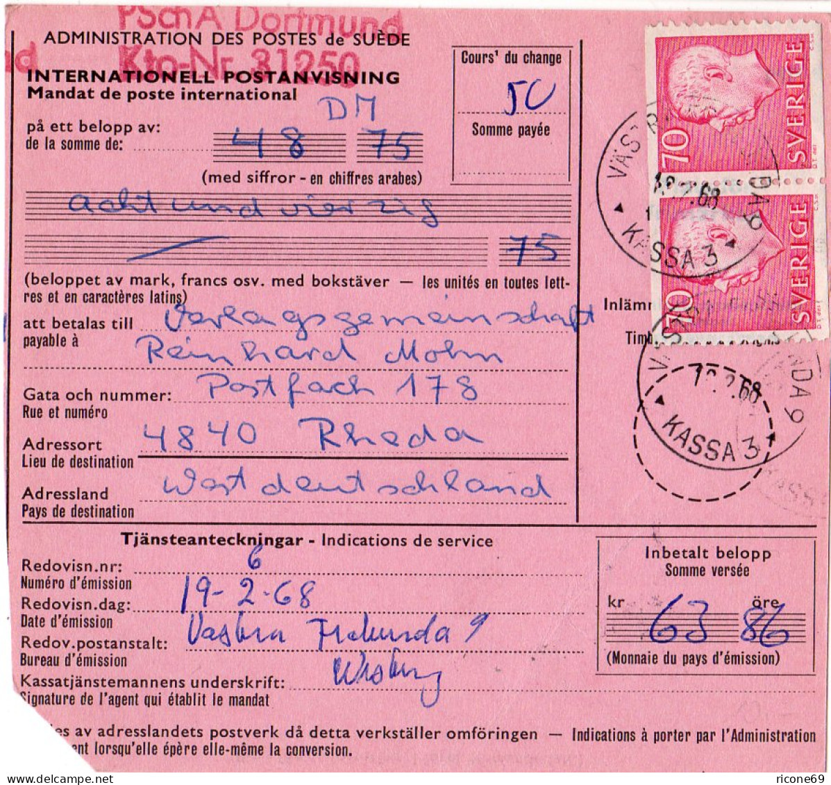 Schweden 1968, MeF Paar 70 öre Auf Internationaler Postanweisung N. Deutschland - Briefe U. Dokumente