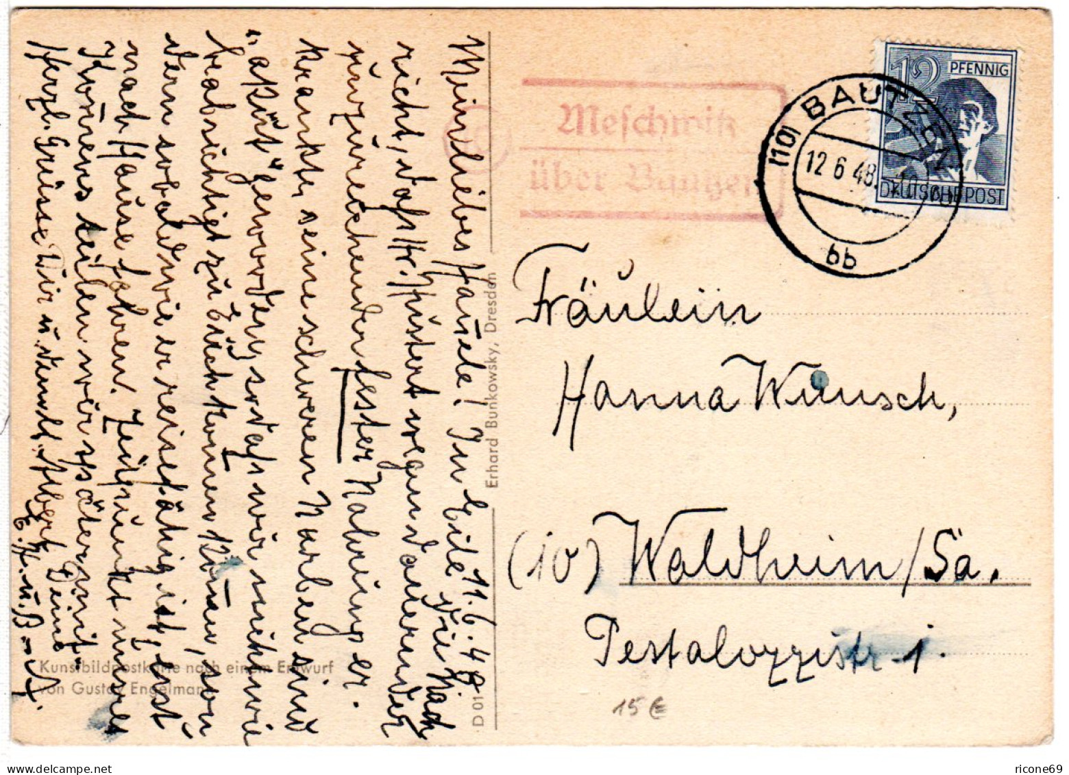 1948, Landpost Stpl. 10 MESCHWITZ über Bautzen Auf Karte M. 12 Pf. - Collezioni