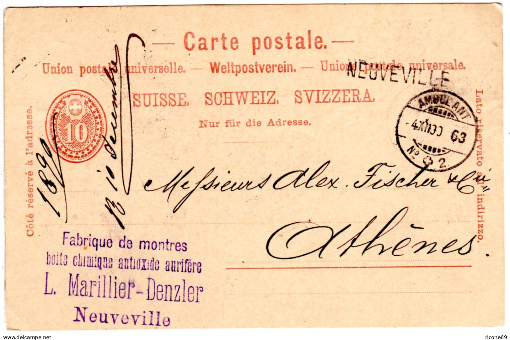 Schweiz 1890, L1 NEUVEVILLE U. Ambulant No.2 Auf 10 C. Ganzsache N.Griechenland - Lettres & Documents