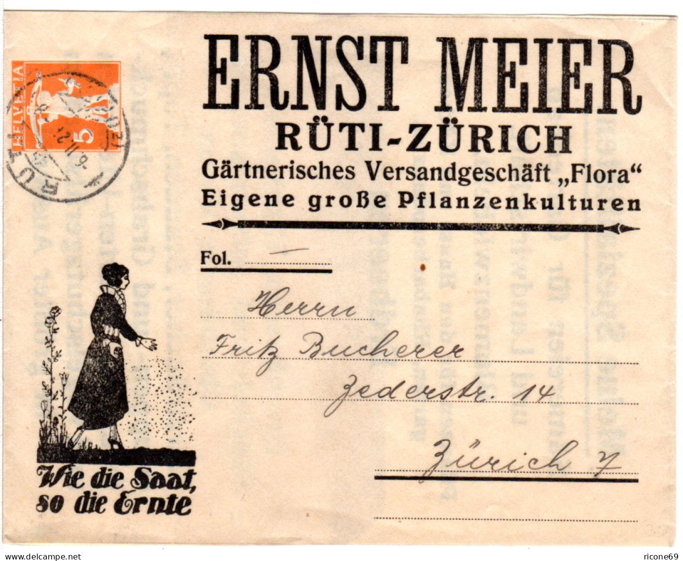 Schweiz 1921, 5 C. Privat Ganzsache Streifband M. Gärtnerei Abb. V. RÜTI - Covers & Documents