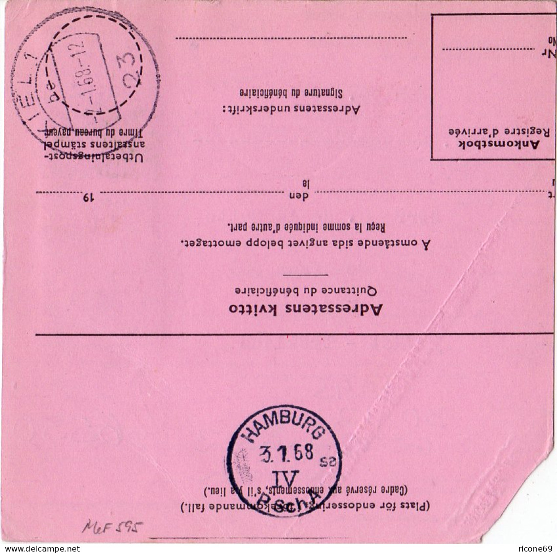 Schweden 1968, MeF Paar 70 öre Auf Internationaler Postanweisung N. Kiel - Covers & Documents