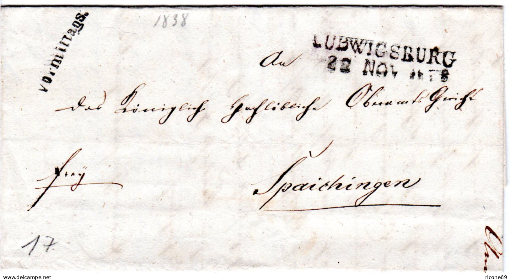 Württemberg 1838, L2 Ludwigsburg U. L1 Vormittags Auf Franko Brief N Spaichingen - Prephilately