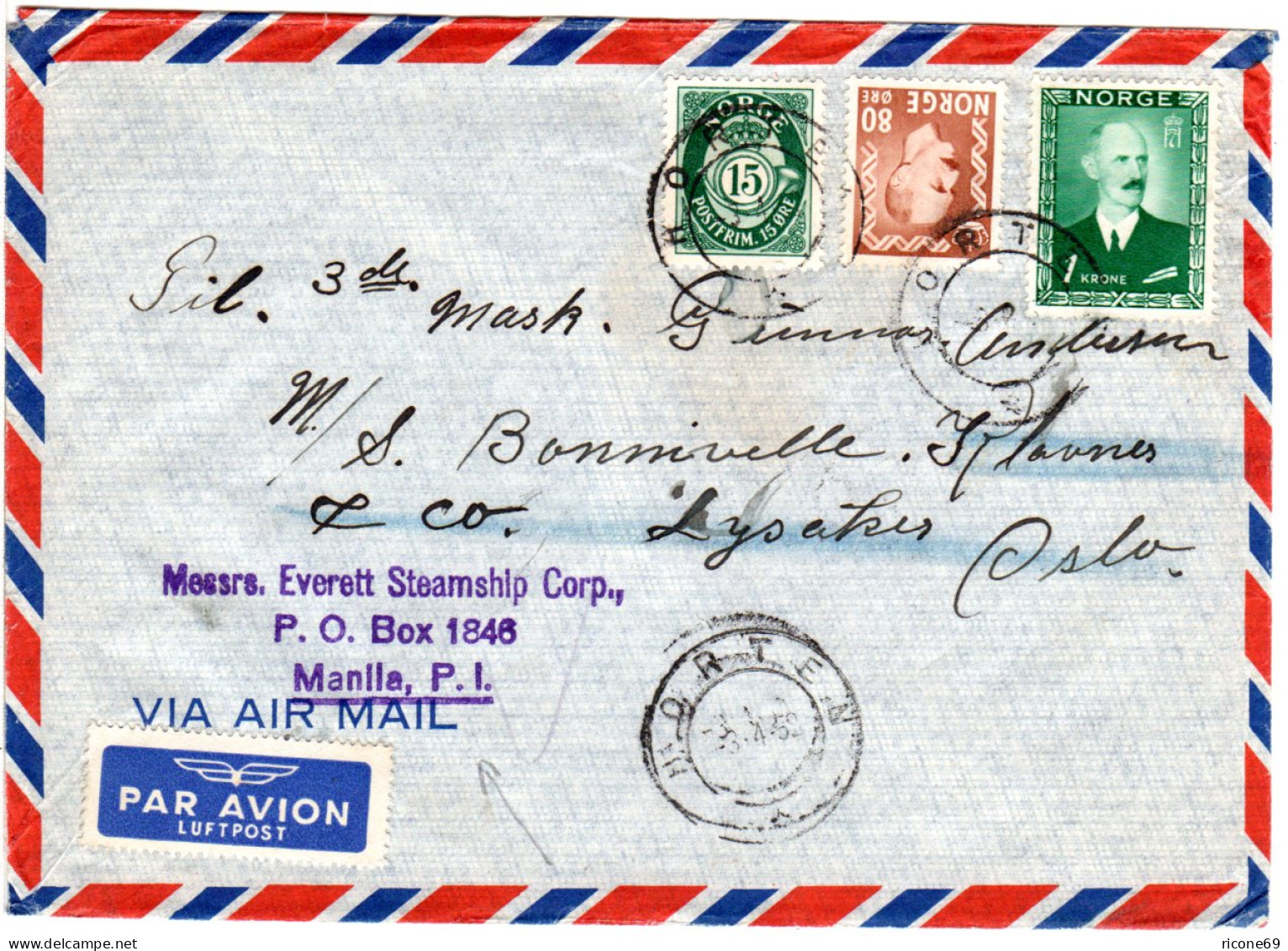 Norwegen 1952, Nachsende Luftpost Brief V. Horten N. Manila, Philippinen.  - Storia Postale