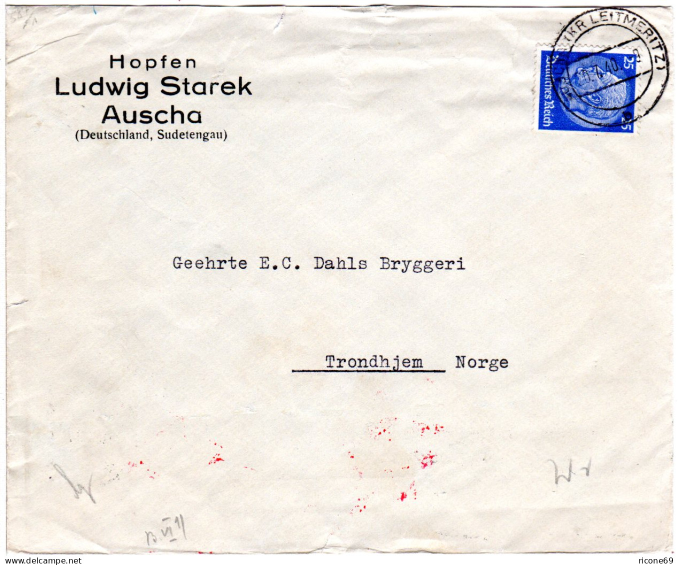 DR 1940, 25 Pf. Auf Hopfen Vordruck Brief V. Auscha Sudetengau N. Norwegen - Lettres & Documents