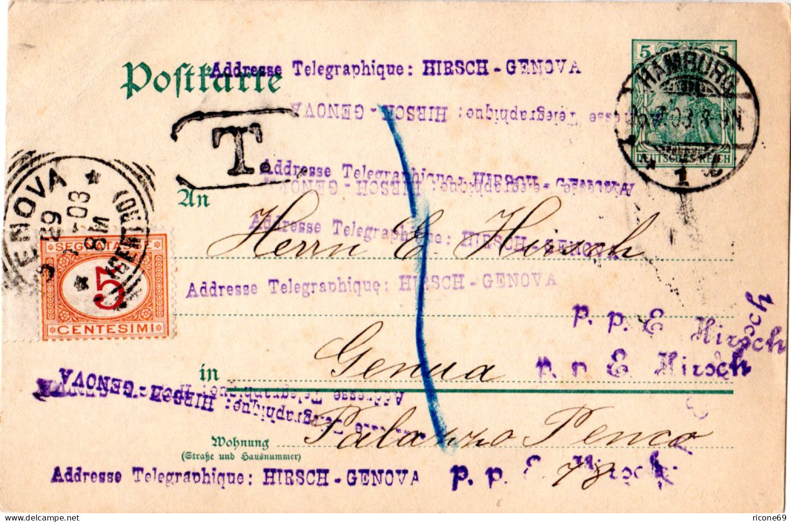 DR 1903, Unterfrankierte 5 Pf. Ganzsache V. Hamburg M. Italien Portomarke - Lettres & Documents