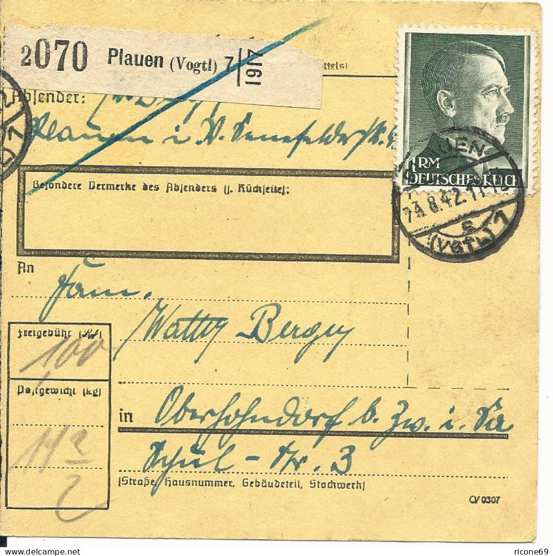 DR 1942, EF 1 Mk. Auf Paketkarte V. Plauen. - Lettres & Documents