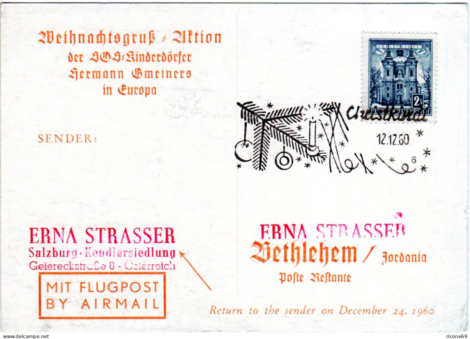 Österreich 1960, 2 S Auf Weihnachten Karte V. CHRISTKINDL N. Bethlehem Jordanien - Brieven En Documenten