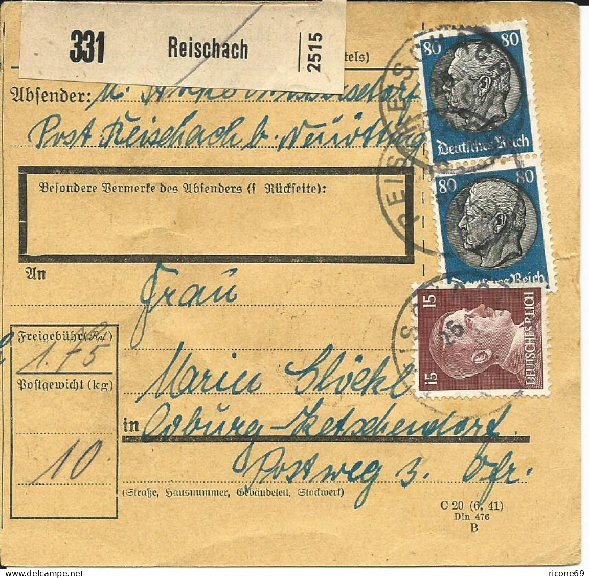 DR 1942, Paar 80+15 Pf. Auf Dringend Paketkarte V. REISCHACH. - Lettres & Documents