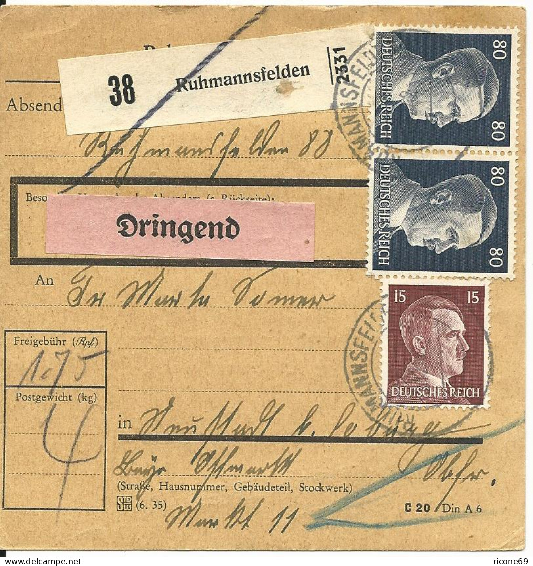 DR 1942, Paar 80+15 Pf. Auf Dringend Paketkarte V. RUHMANNSFELDEN. - Lettres & Documents