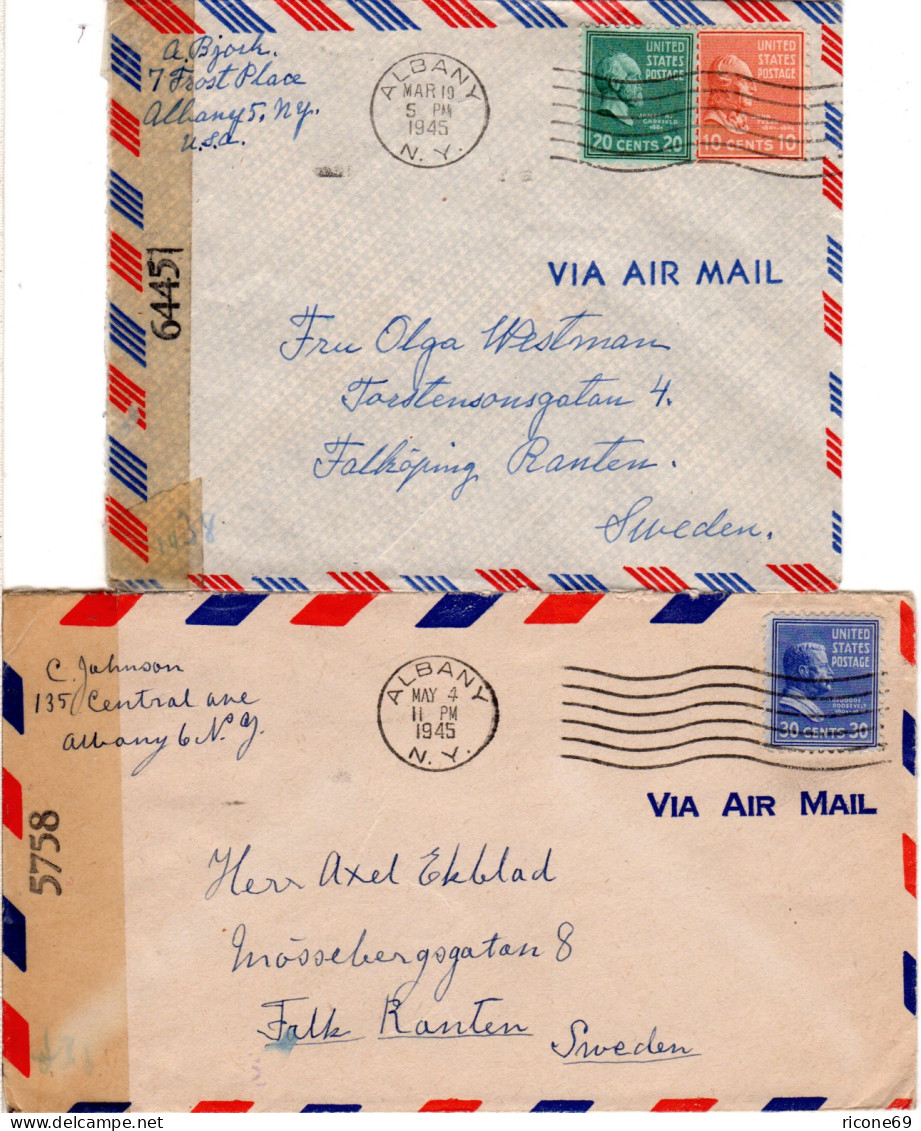 USA 1945, 2 Späte (März/Mai) WW II Luftpost Zensur Briefe V. Albany N. Schweden - Other & Unclassified