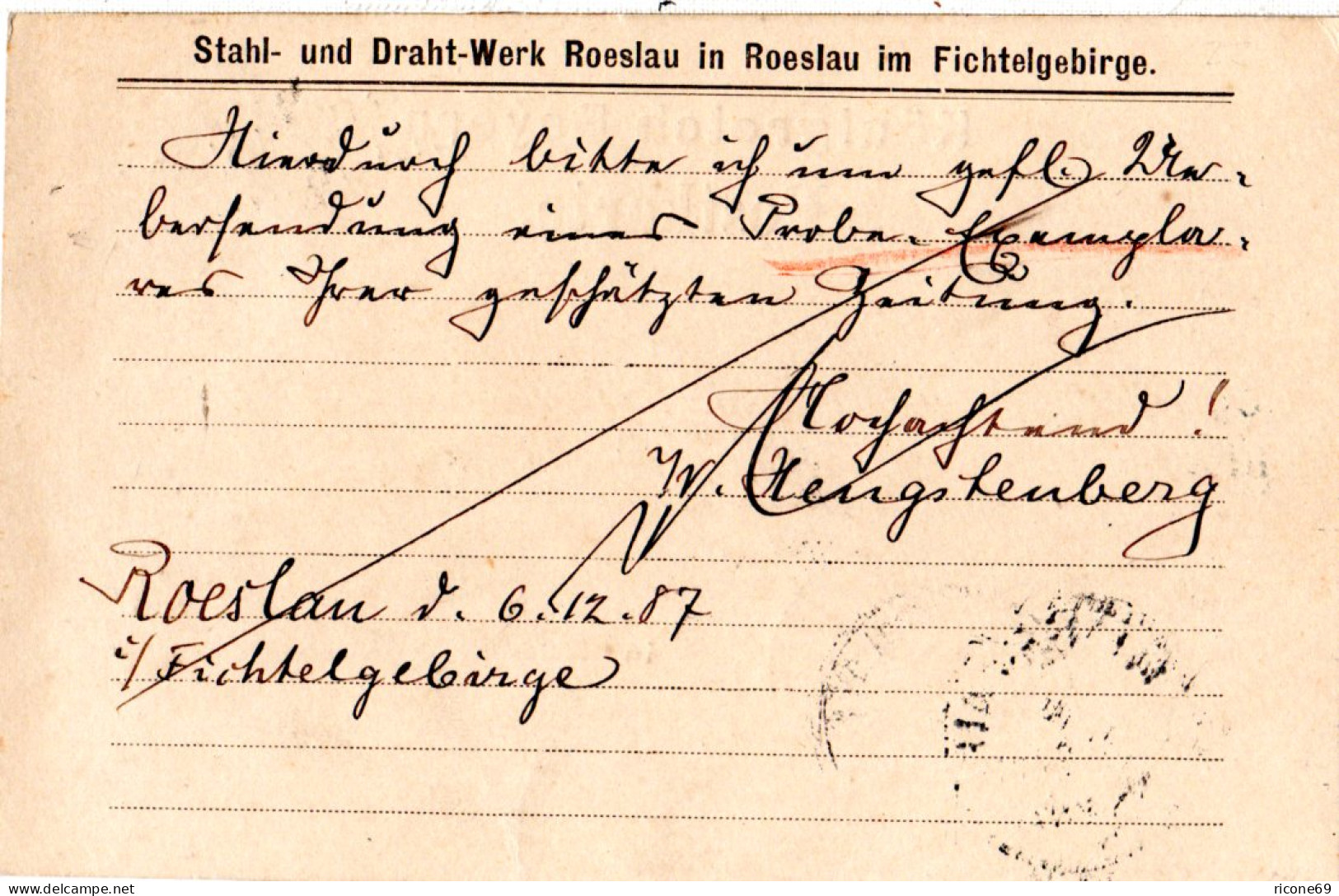 Bayern 1887, L2 POSTABLAGE OBERRÖSLAU Klar Auf Karte M. Viol. 5 Pf. - Lettres & Documents
