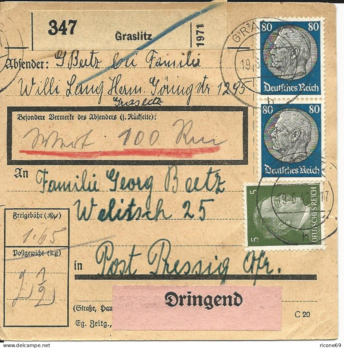 DR 1942, Paar 80+15 Pfg. Auf Dringend Wert-Paketkarte V. Graslitz Tschechien - Lettres & Documents