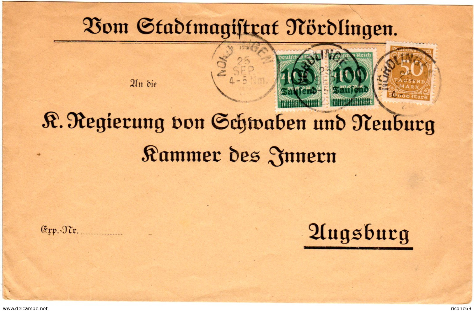 DR 1923, 50T.+Paar 100T./400 Mk. Auf Stadtmagistrat Vordruck Brief V. Nördlingen - Cartas & Documentos