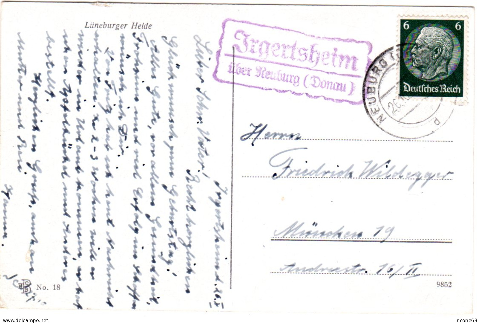 DR 1936, Landpost Stpl. IRGERTSHEIM über Neuburg Auf Karte M. 6 Pf.  - Lettres & Documents