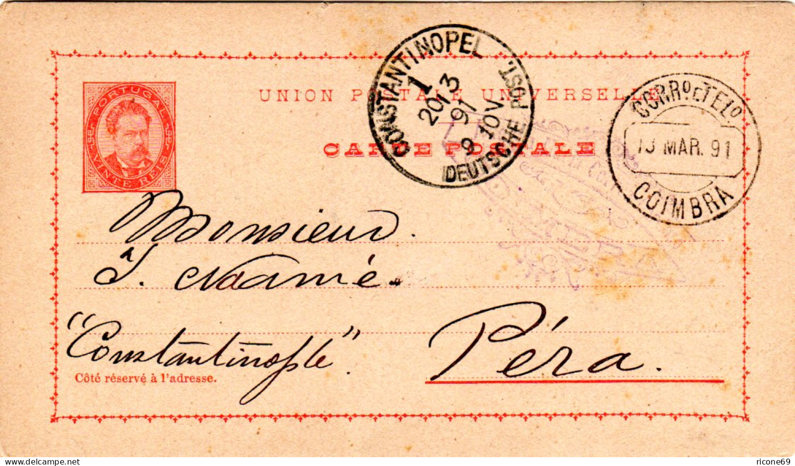 Portugal 1891, 20 C. Ganzsache V. Coimbra N. Pera Constantinopel Dt. Post Türkei - Sonstige & Ohne Zuordnung