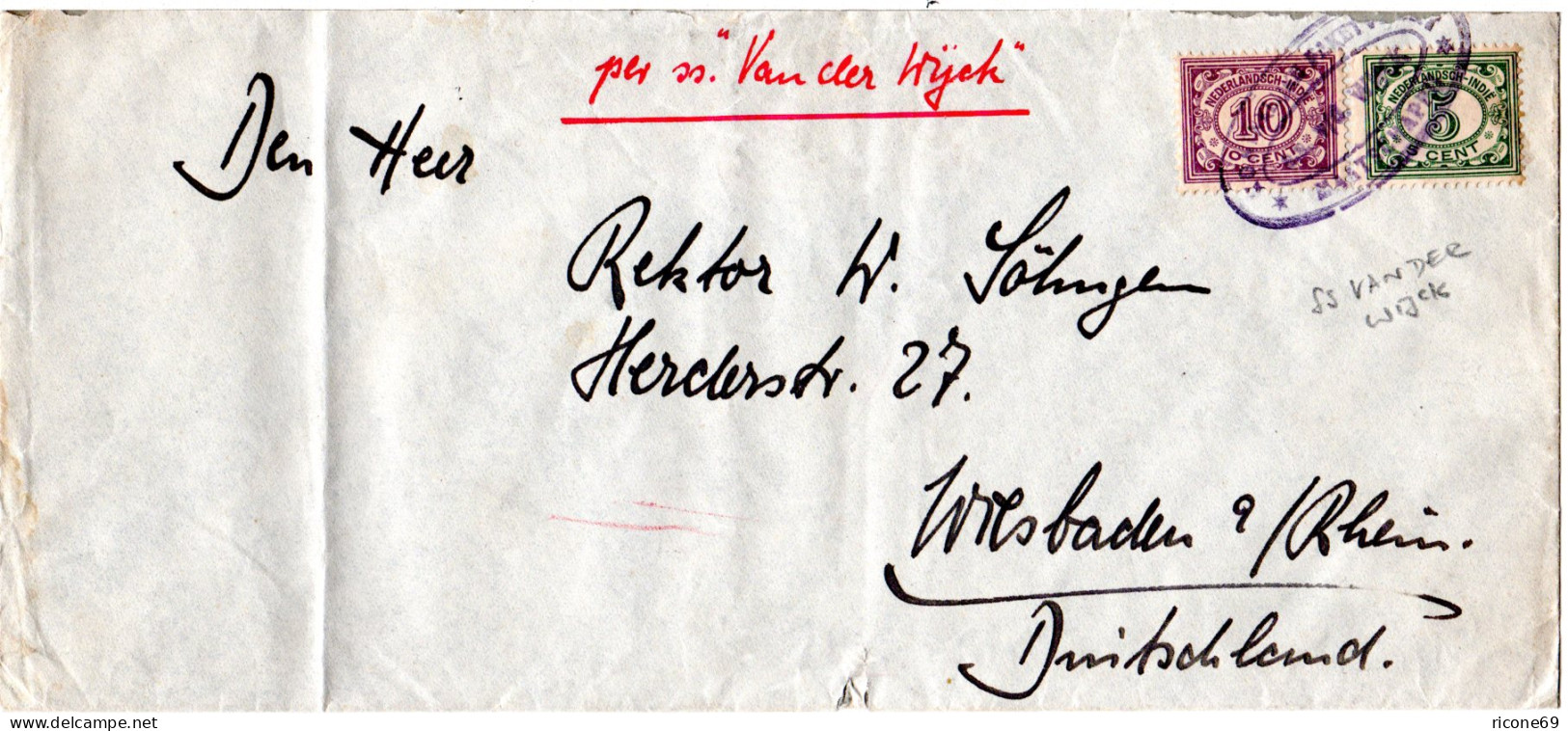 NL Indien 1929, 5+10 C. Auf Brief M. Viol. Schiffspost Stpl. SS VAN DER WIJCK - Indes Néerlandaises