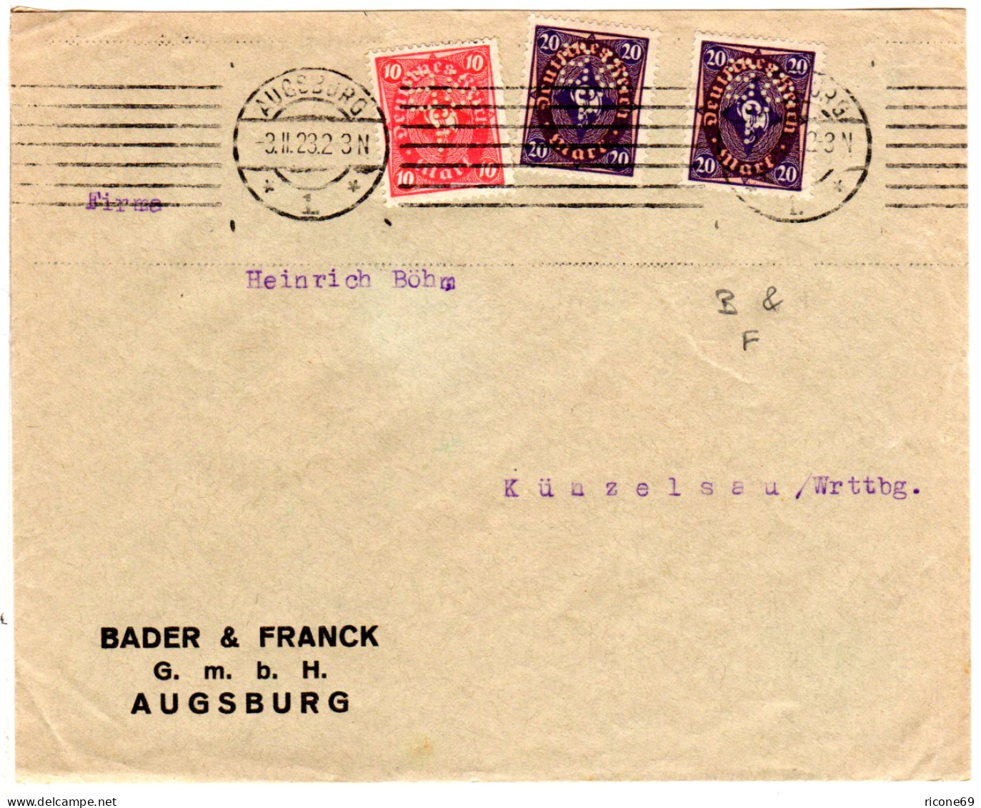 DR 1923, 10+2x20 Mk. M. Perfin B & F Auf Brief V. Augsburg - Cartas & Documentos