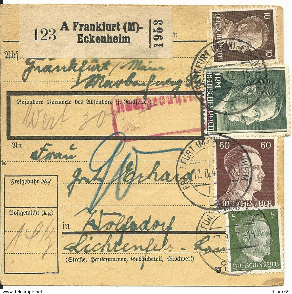 DR 1942, 4 Werte Auf Wert Paketkarte M. Nachgebühr V. Frankfurt-Eckenheim - Lettres & Documents
