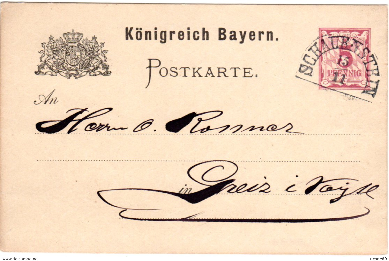 Bayern 1883, HKS SCHAUENSTEIN Klar Auf 5 Pf. Ganzsache - Lettres & Documents