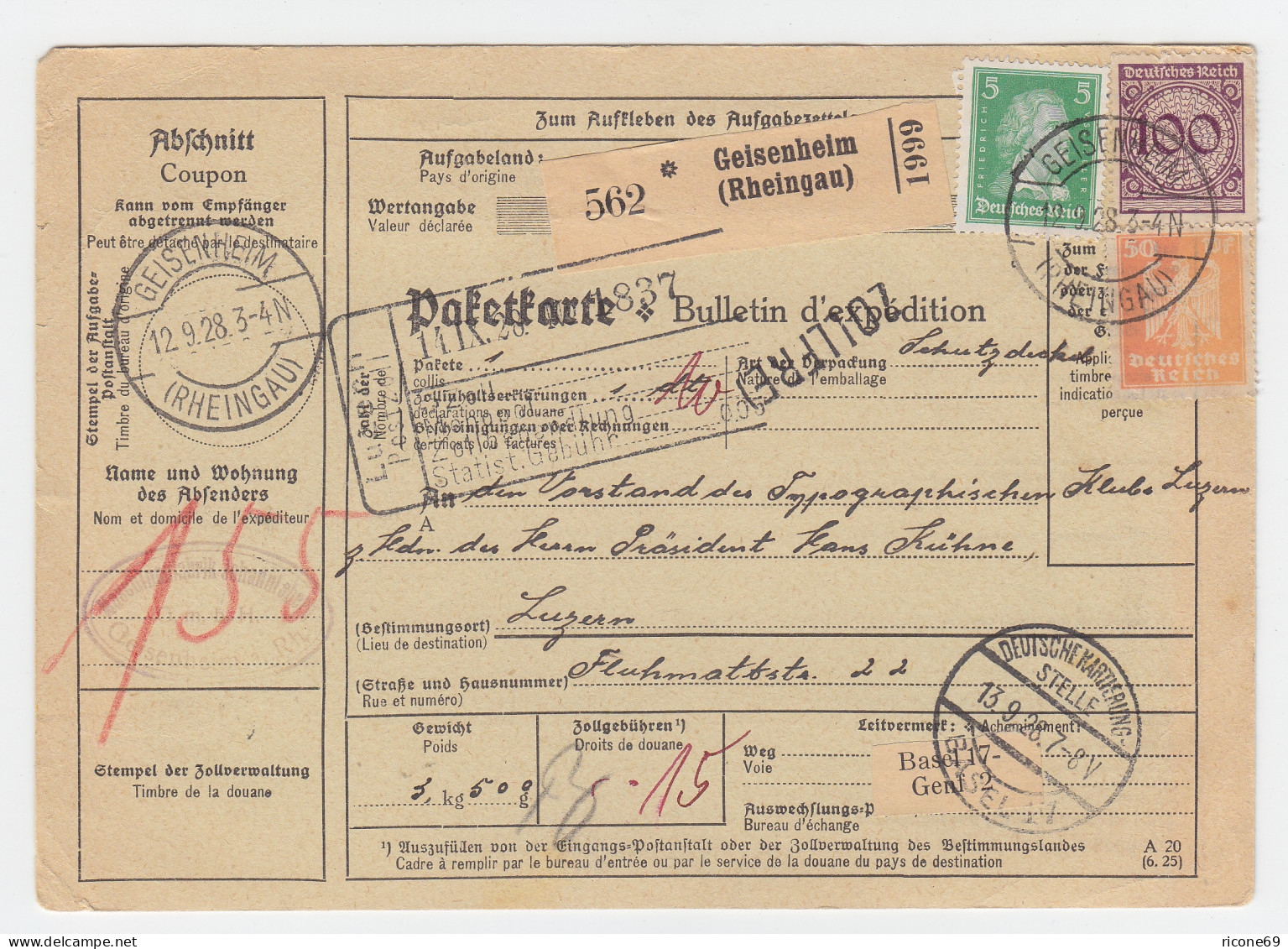 DR 1928, 5+50+100 Pf. Auf Paketkarte V. Geisenheim (Rheingau) I.d. Schweiz. - Briefe U. Dokumente