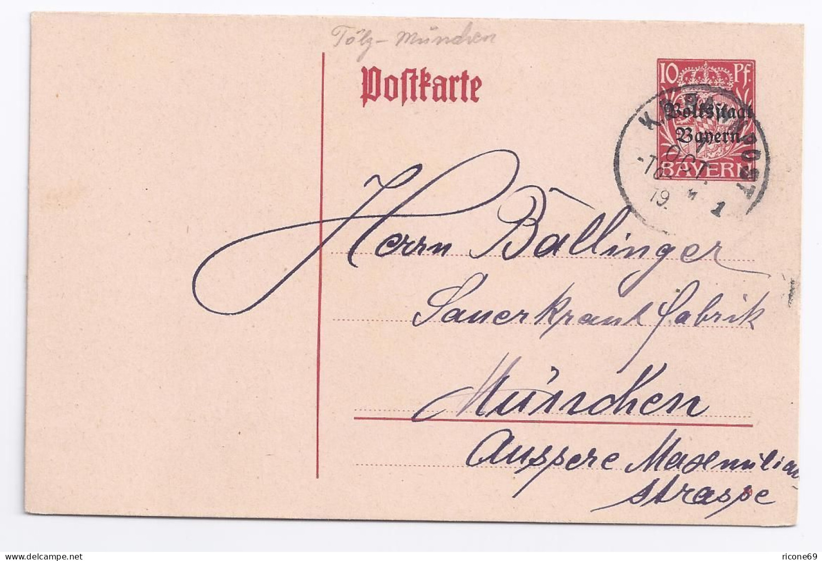 Bayern 1919, Tö-M1, Tölz-M Bahnpost Stpl. Auf Ganzsache V Egern, Tegernsee.#1383 - Covers & Documents