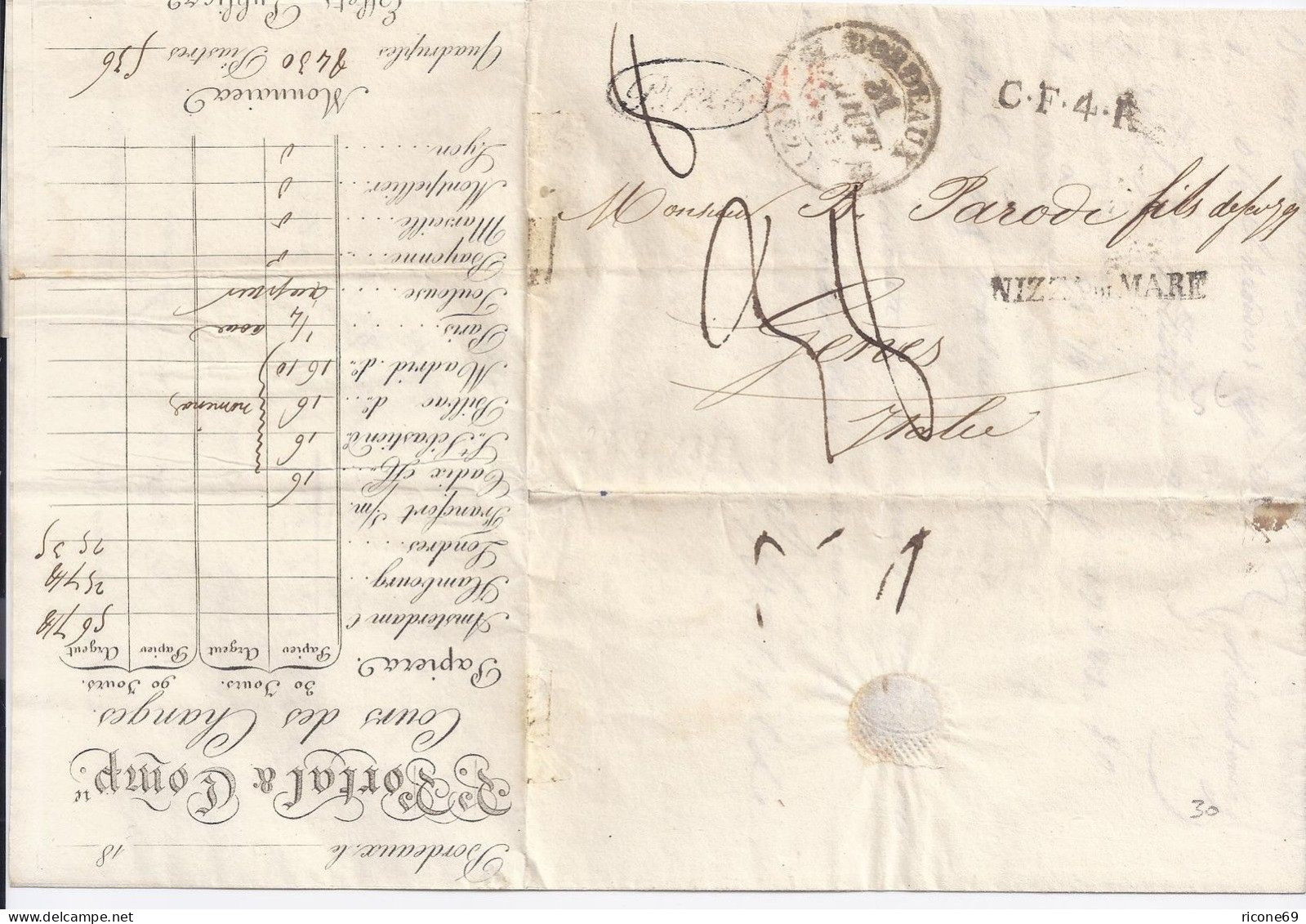 Frankreich Sardinien Italien 1833, CF4R Porto Brief V. Bordeaux N. Genua. #1518 - Other & Unclassified