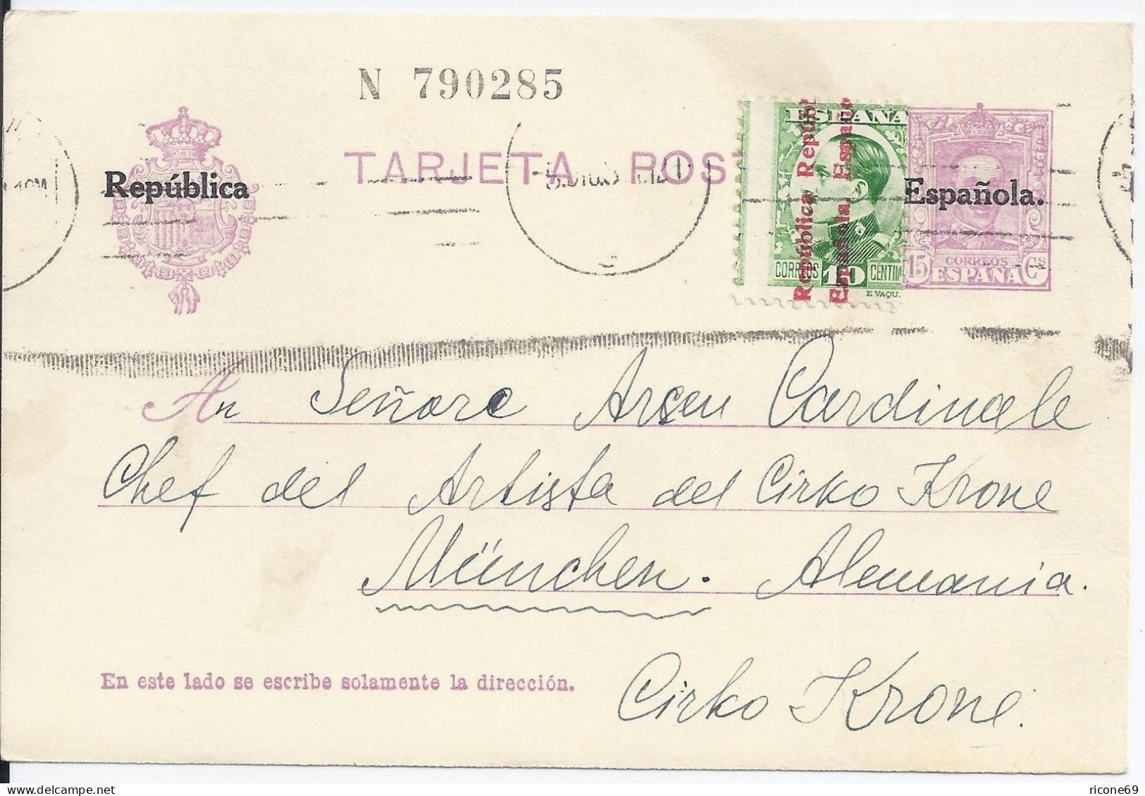 Spanien Ganzsache 1931 An D. Chef Del Artista Zirkus Krone München. #2293 - Autres & Non Classés