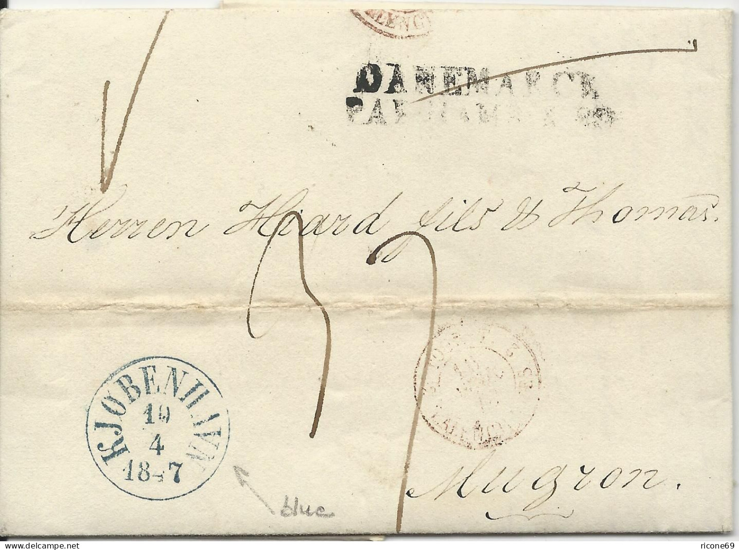 Dänemark 1847, Blau K1 Kjobenhavn Auf Porto Brief N. Frankreich. #2939 - Altri & Non Classificati