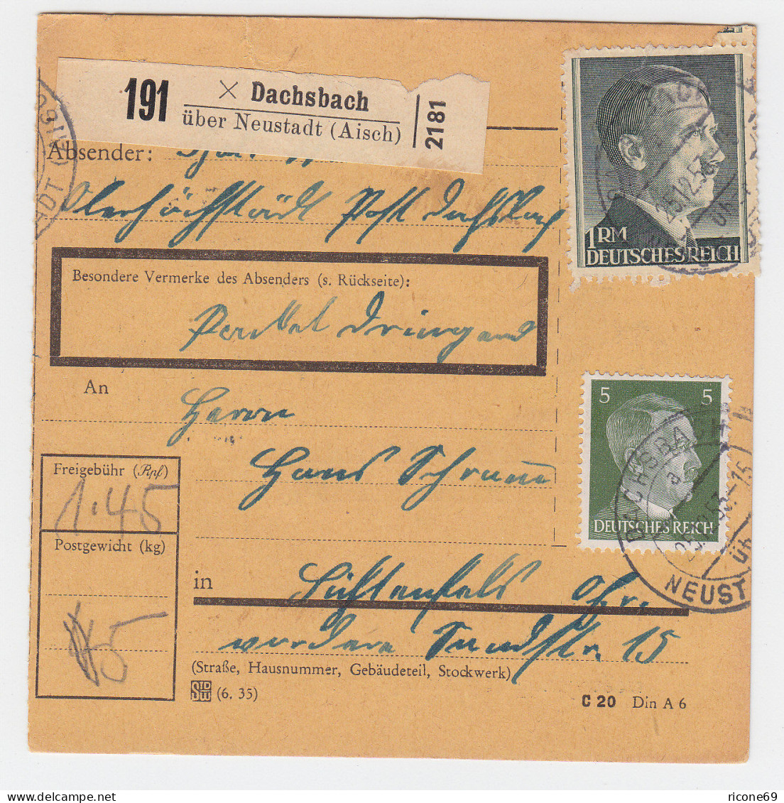 DR 1943, Dachsbach über Neustadt, Paketkarte M. Vermerk "DRINGEND"Frankat. #1808 - Lettres & Documents