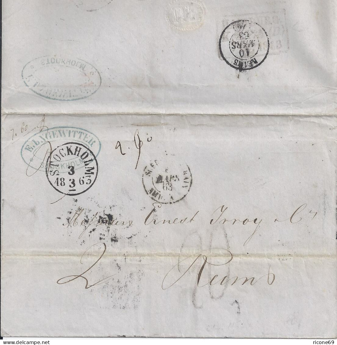 Schweden Frankreich 1863, K1 Stockholm Auf Brief M. Portostempel "20". #2249 - Other & Unclassified