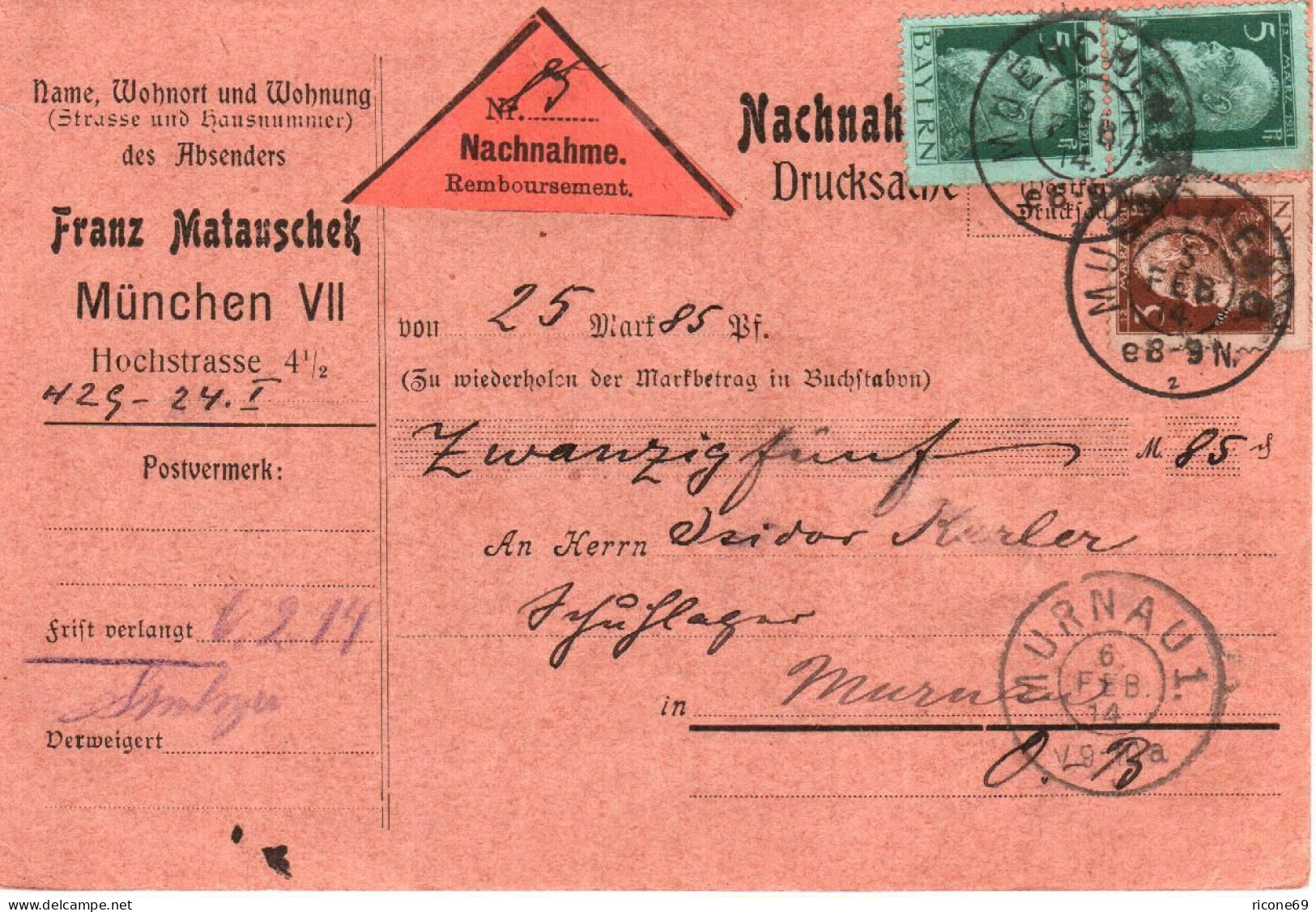 Bayern 1914, 3+Paar 5 Pf. Auf Nachnahme Karte V. München 8 N. Murnau. #2675 - Covers & Documents