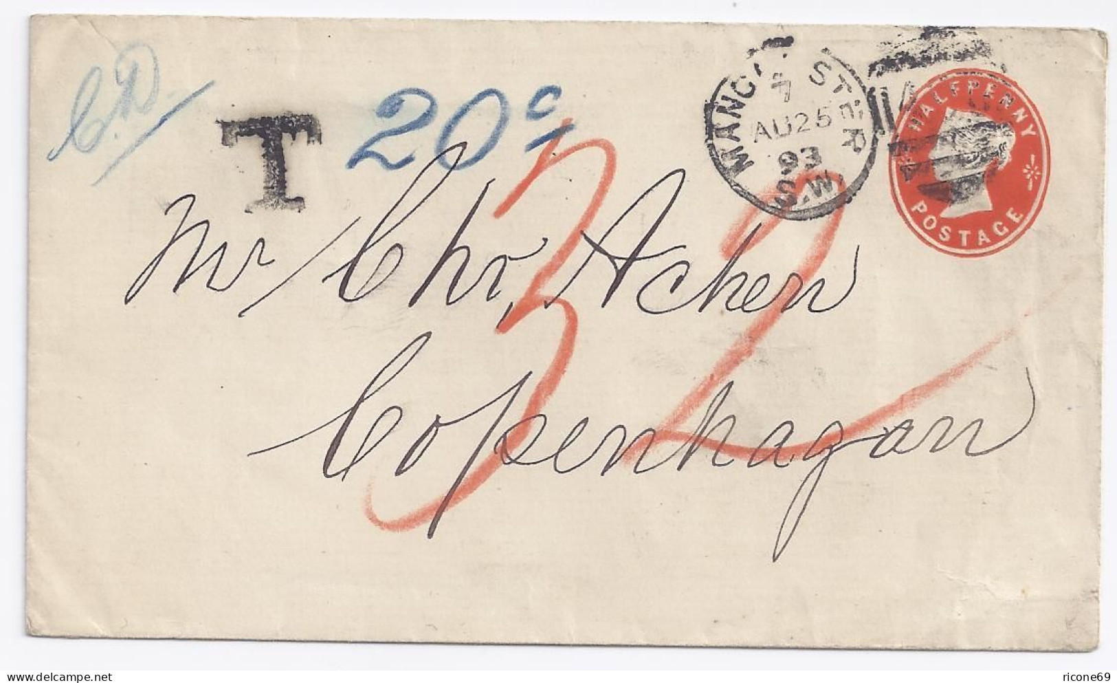 GB Dänemark 1893, Porto "32" öre F. Unterfr. Ganzsache Brief V. Manchester #1429 - Autres & Non Classés