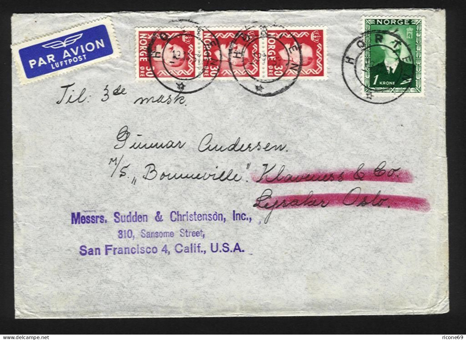 Norwegen 1951, Seemanns Nachsende Luftpost Brief V. Horten N. USA. #2520 - Autres & Non Classés