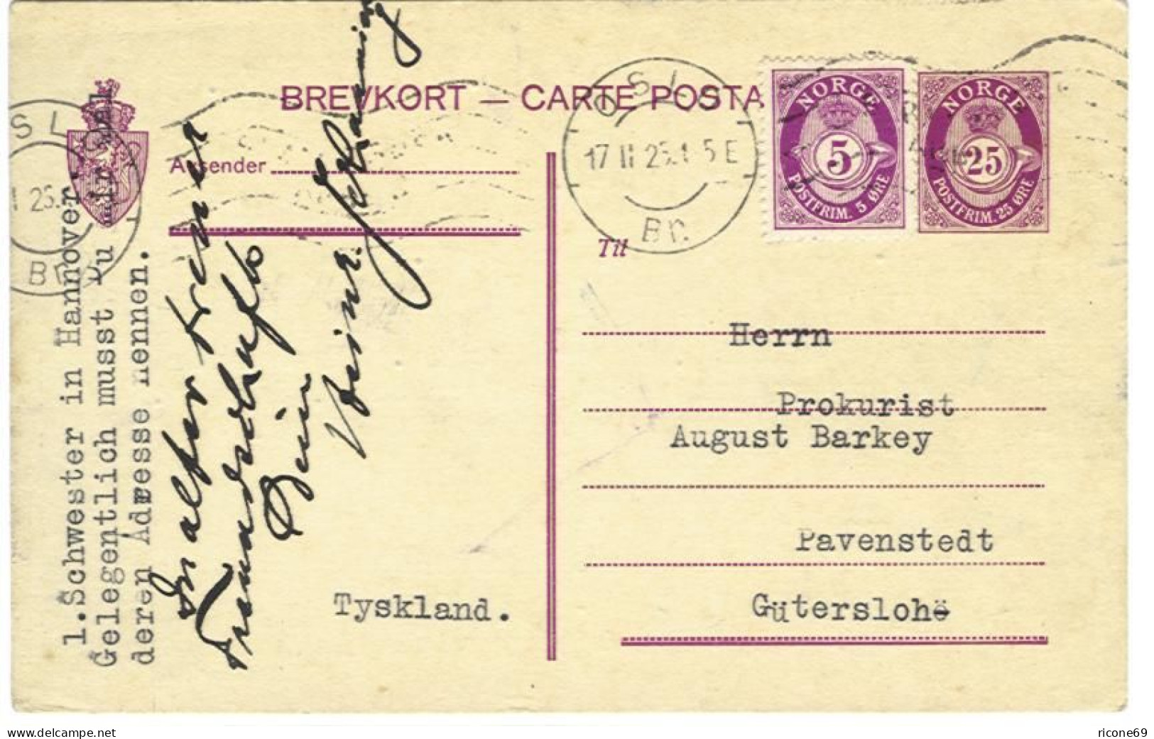 Norwegen 73, 25 öre Ganzsache Karte M. Zusatzfr. 1925 N. Deutschland. #S196 - Brieven En Documenten