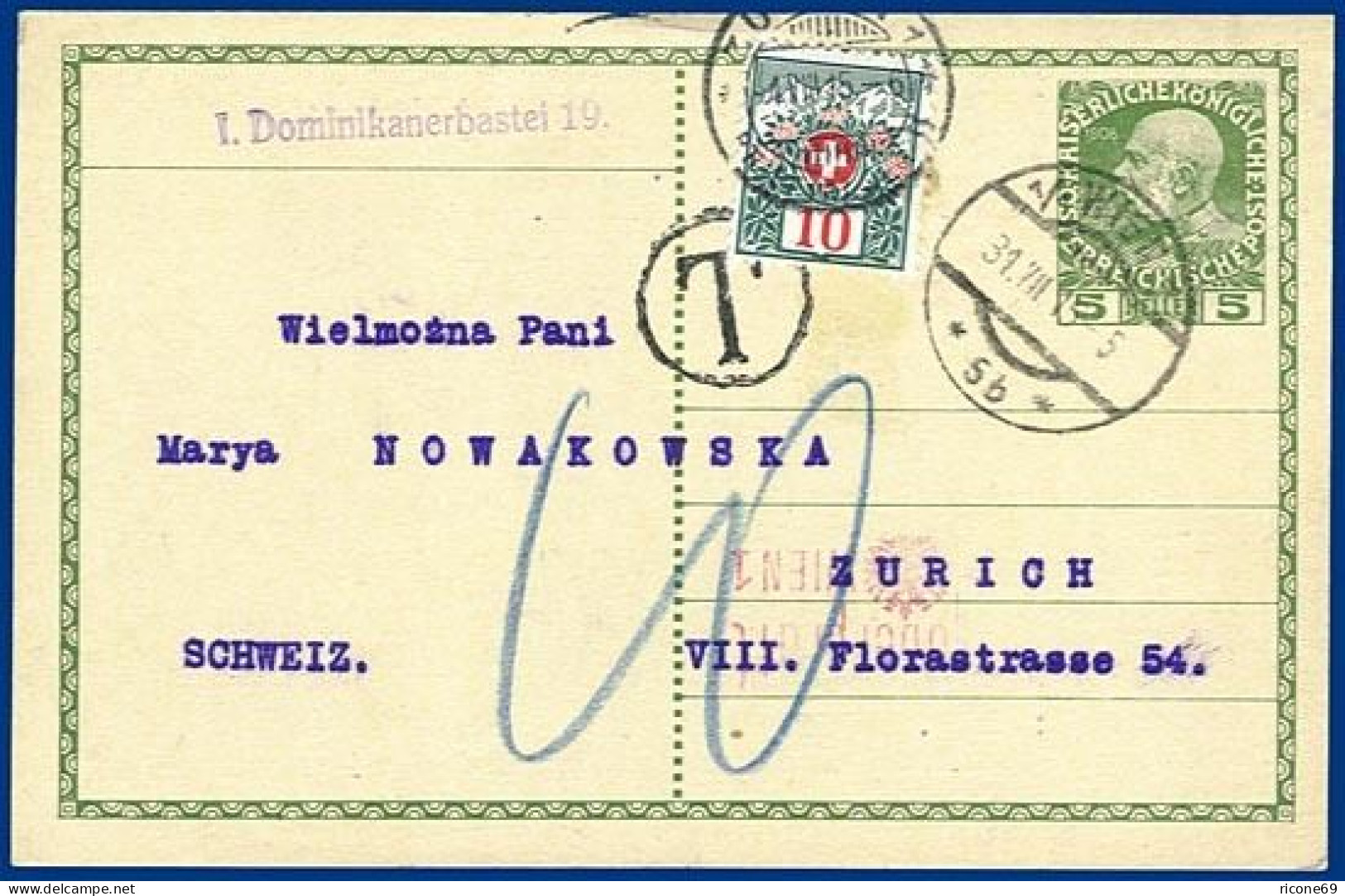 Österreich 1915, Ganzsache V. Wien  M. Schweiz Portomarke. #S224 - Brieven En Documenten