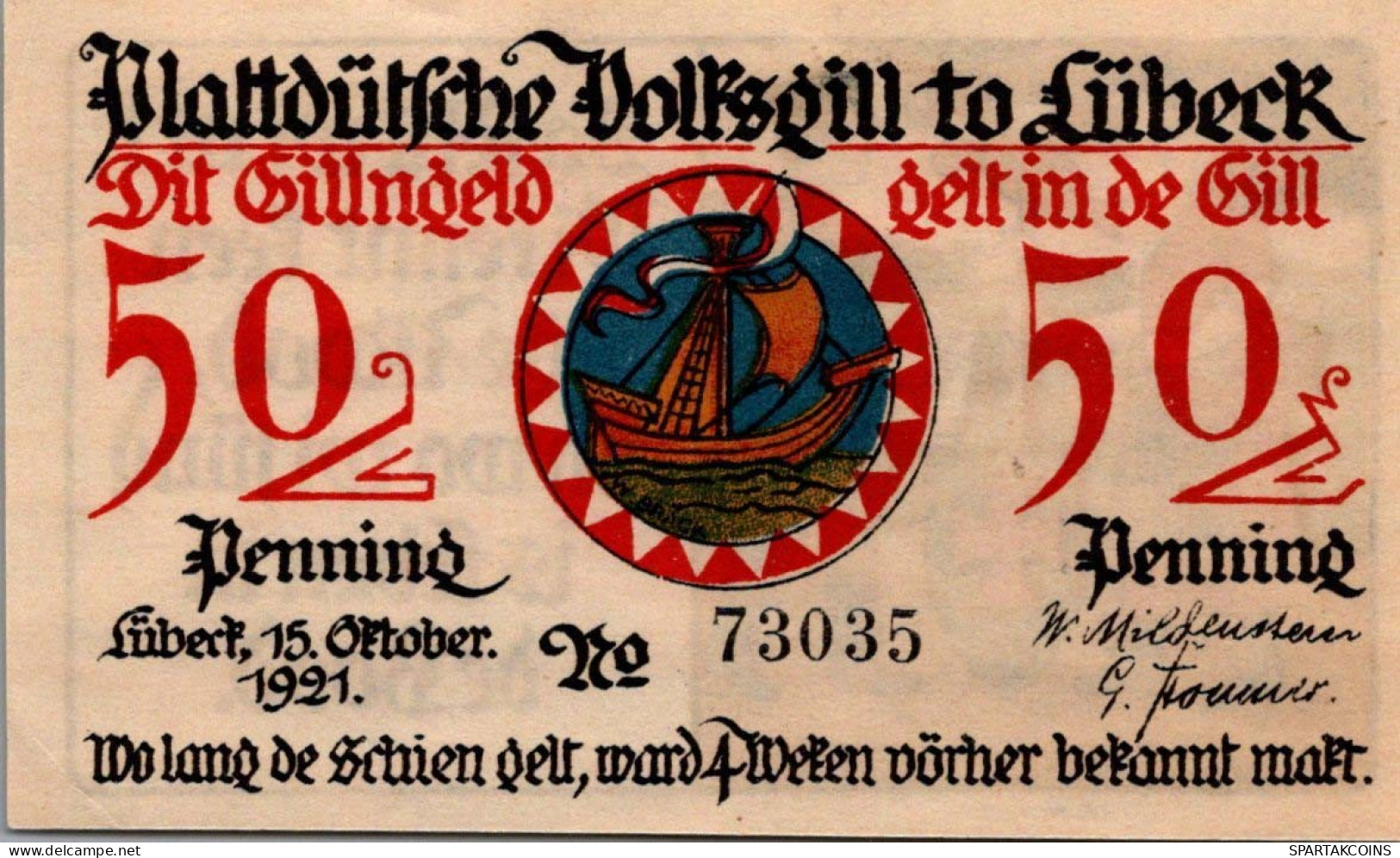 50 PFENNIG 1921 Stadt LÜBECK UNC DEUTSCHLAND Notgeld Banknote #PC565 - Lokale Ausgaben