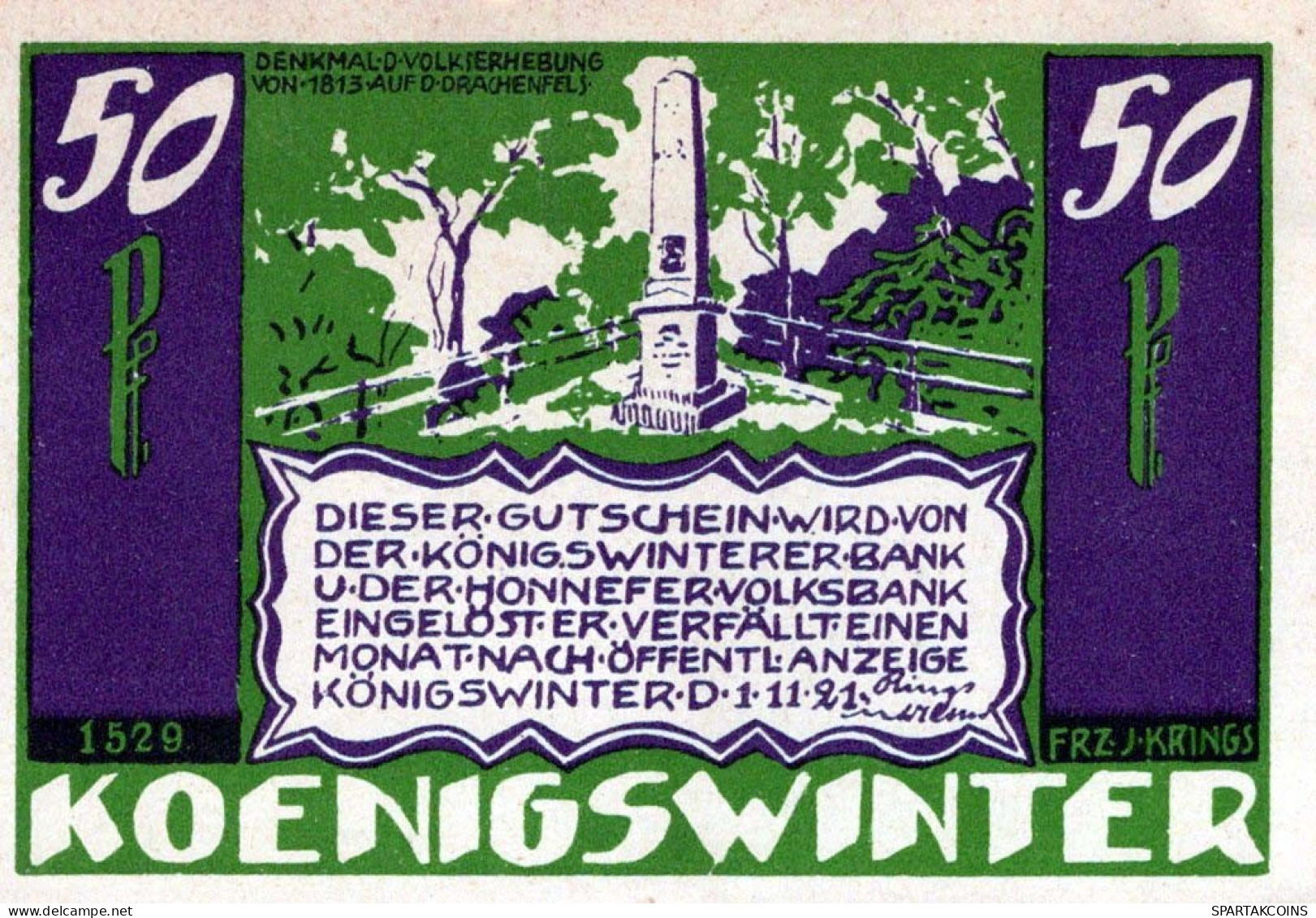 50 PFENNIG 1921 Stadt KoNIGSWINTER Rhine UNC DEUTSCHLAND Notgeld Banknote #PI642 - [11] Emissions Locales
