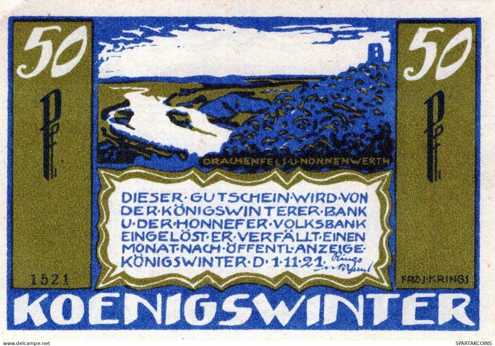 50 PFENNIG 1921 Stadt KoNIGSWINTER Rhine DEUTSCHLAND Notgeld Banknote #PF967 - [11] Emissions Locales