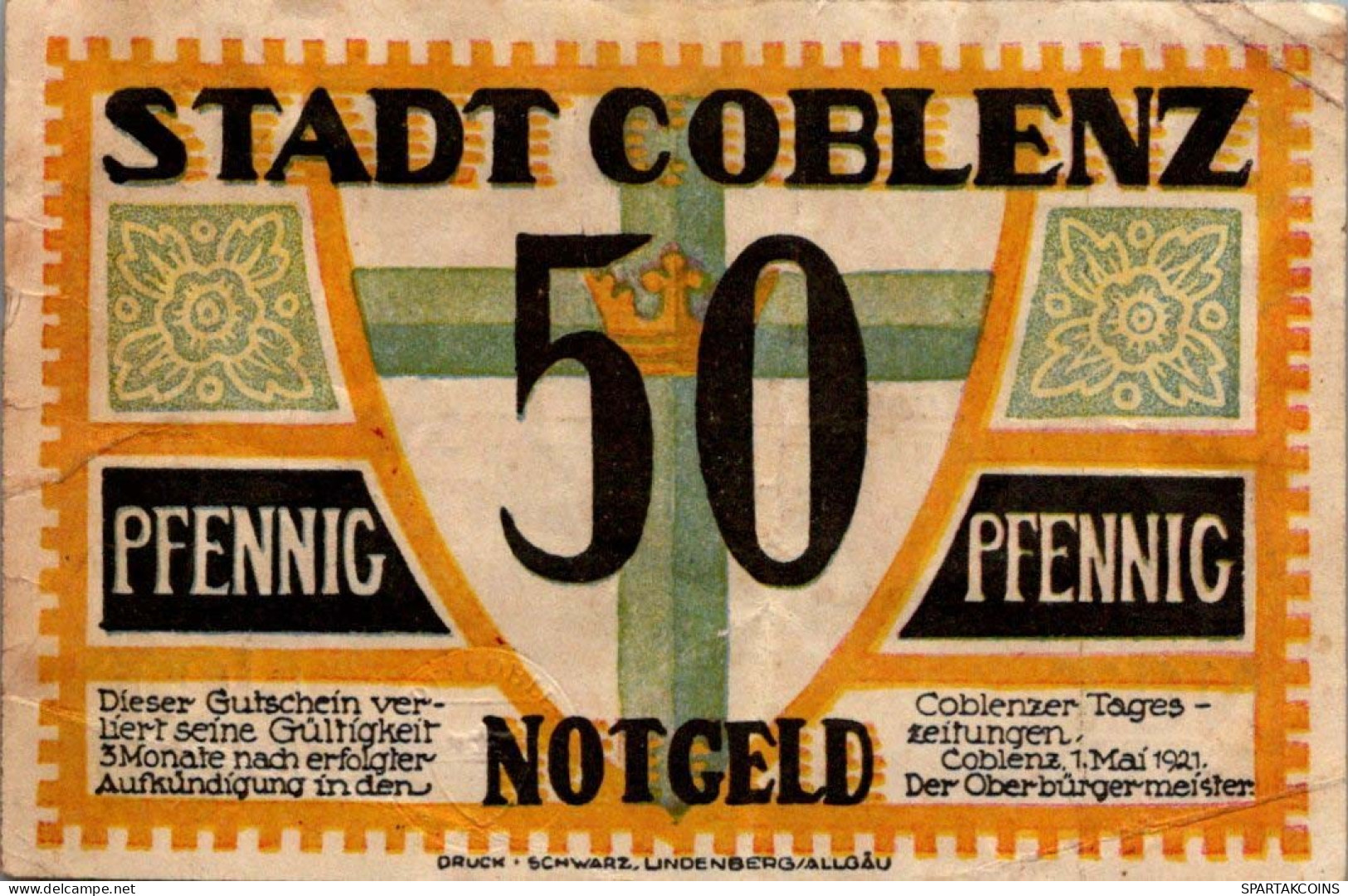 50 PFENNIG 1921 Stadt KOBLENZ Rhine DEUTSCHLAND Notgeld Banknote #PG469 - Lokale Ausgaben