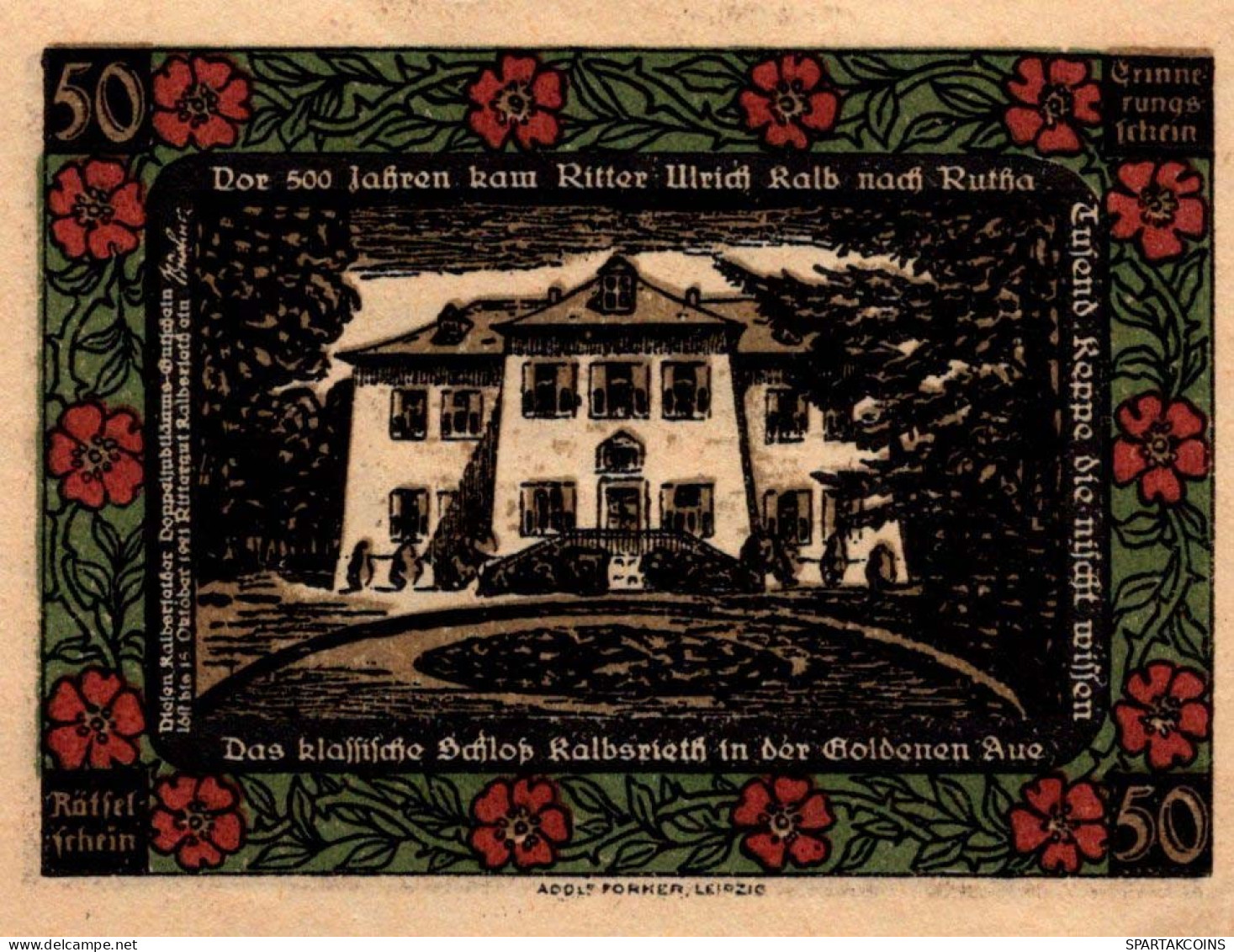 50 PFENNIG 1921 Stadt KALBSRIETH Thuringia DEUTSCHLAND Notgeld Banknote #PD562 - Lokale Ausgaben