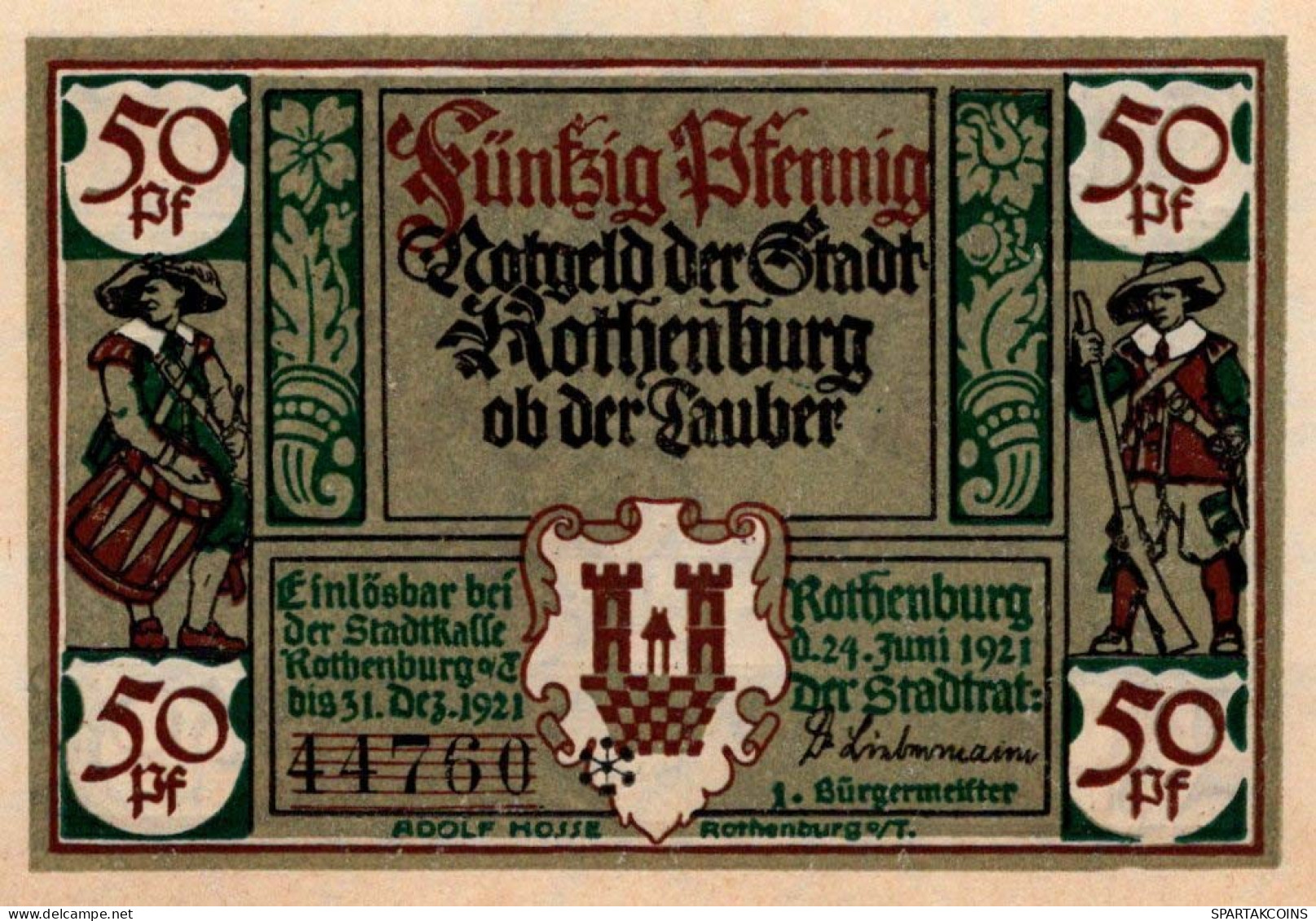 50 PFENNIG 1921 Stadt ROTHENBURG OB DER TAUBER Bavaria UNC DEUTSCHLAND #PI081 - [11] Emissioni Locali