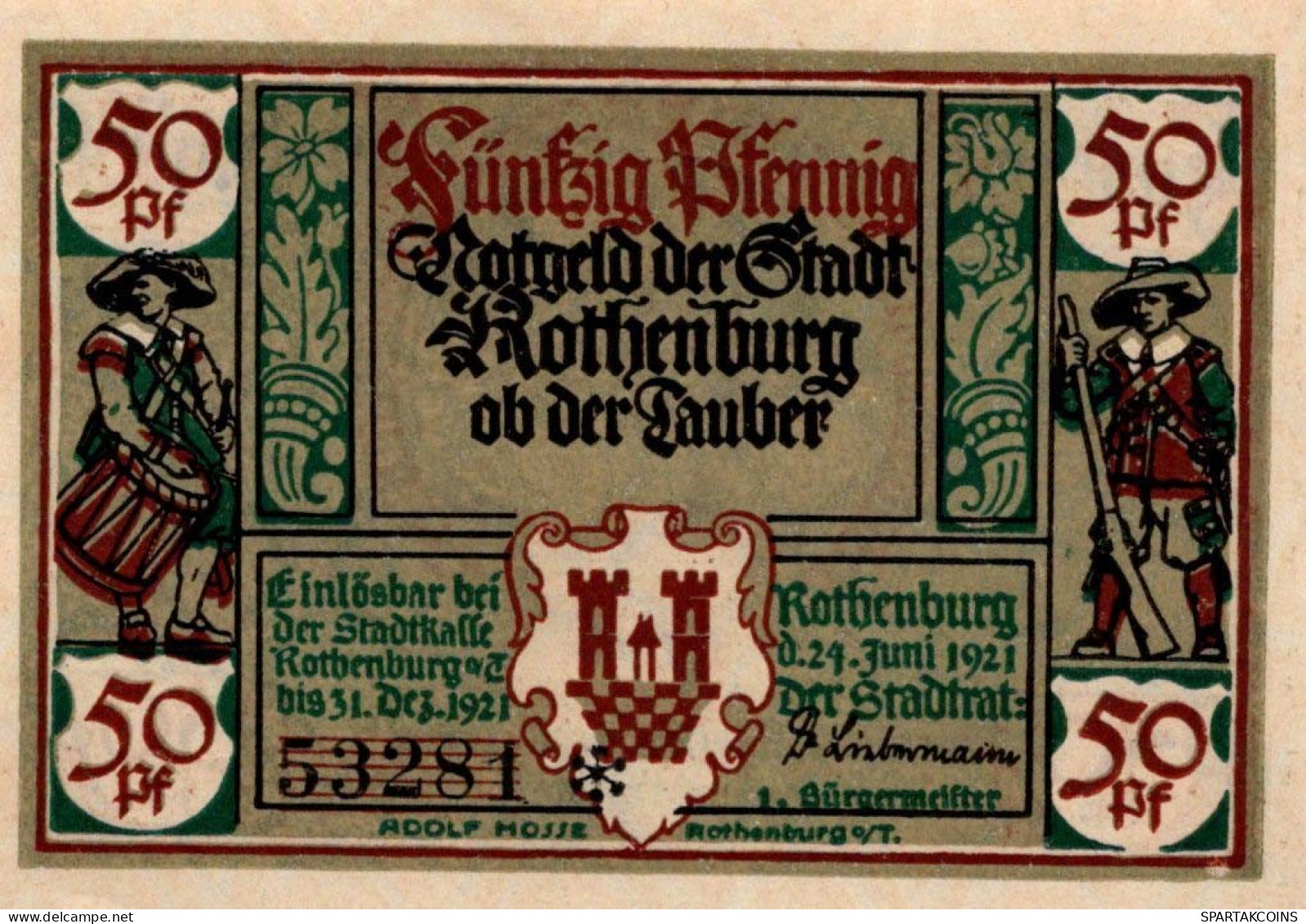50 PFENNIG 1921 Stadt ROTHENBURG OB DER TAUBER Bavaria UNC DEUTSCHLAND #PH545 - [11] Emissioni Locali