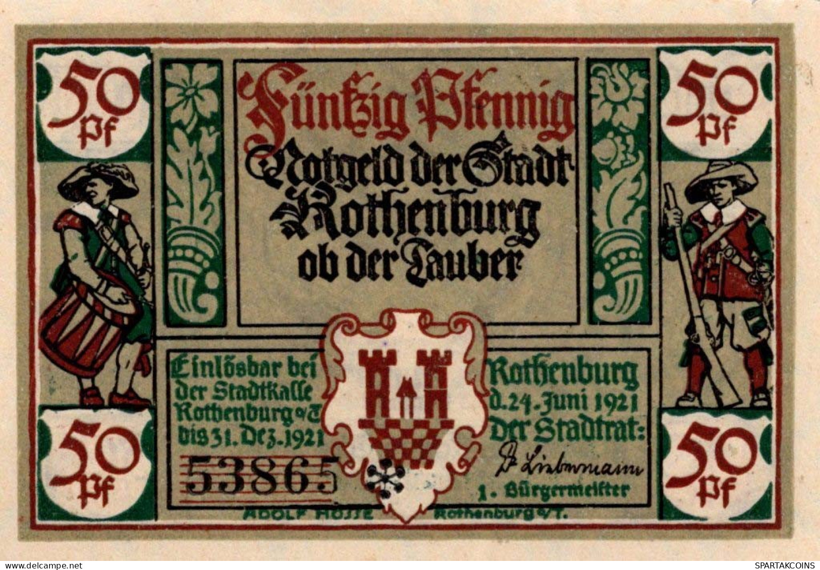 50 PFENNIG 1921 Stadt ROTHENBURG OB DER TAUBER Bavaria UNC DEUTSCHLAND #PH543 - [11] Emissioni Locali