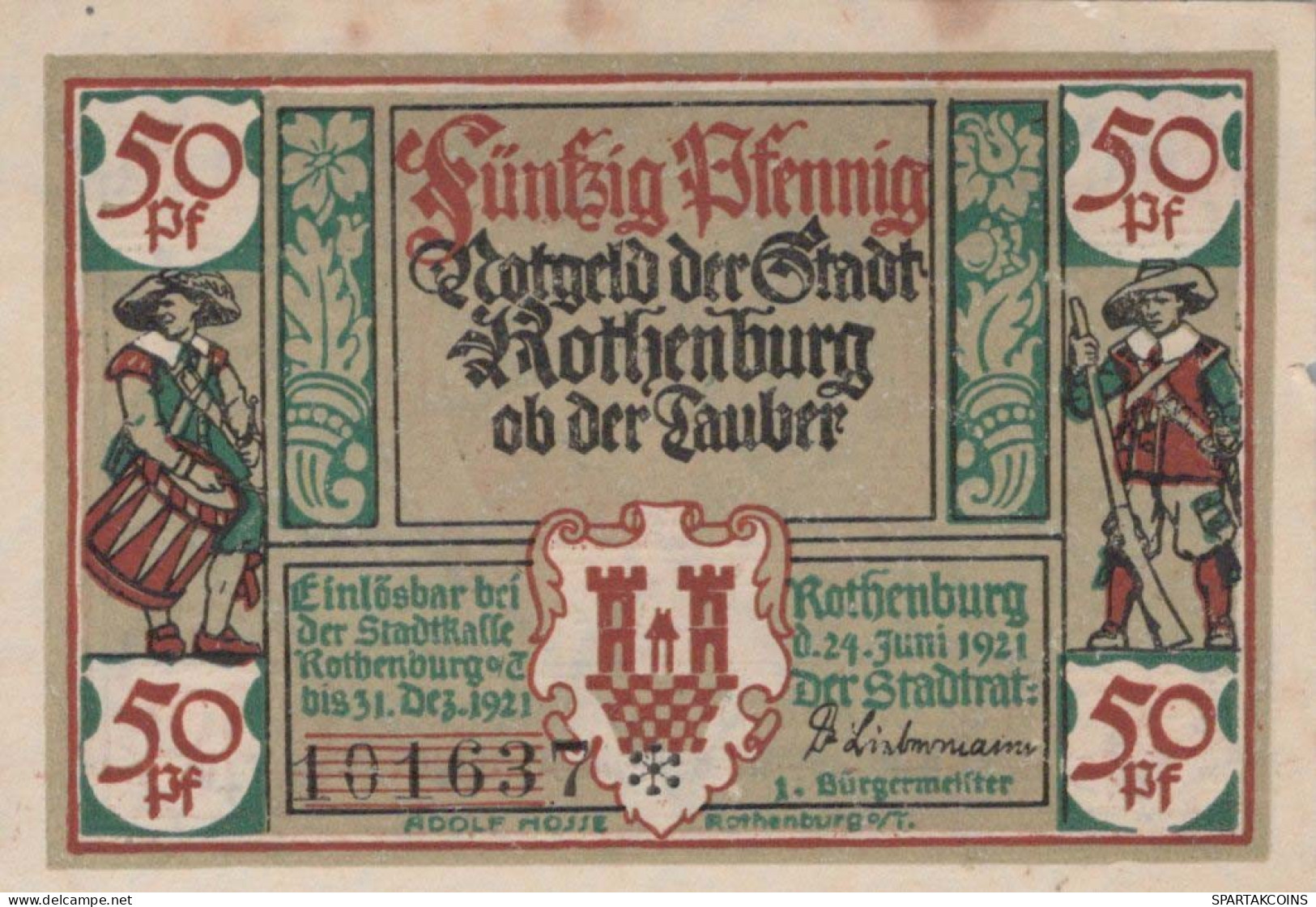 50 PFENNIG 1921 Stadt ROTHENBURG OB DER TAUBER Bavaria UNC DEUTSCHLAND #PH328 - [11] Emissioni Locali